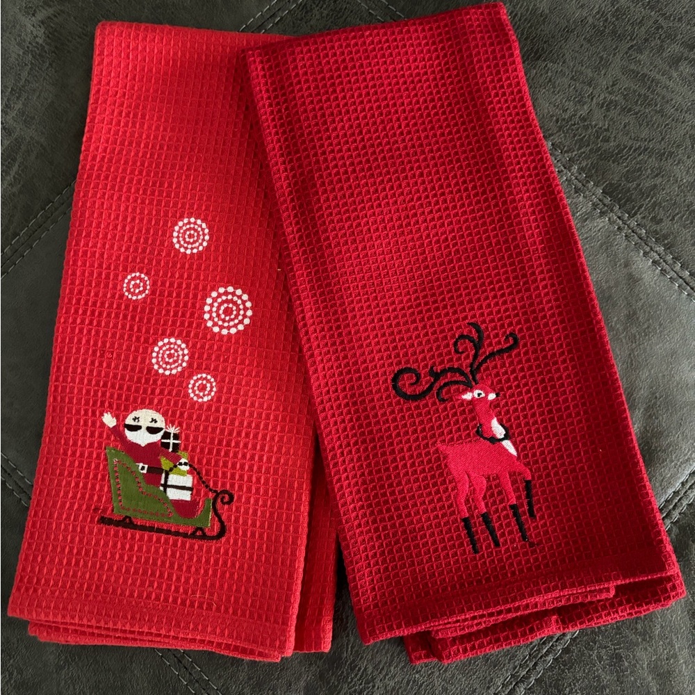 Now Design Winter/Christmas Waffle & Cotton Kitchen Tea Towels Set/2 NEW